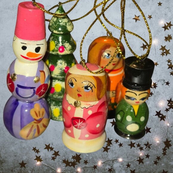 Hand-Painted Wooden Russian Christmas Ornaments Set Of 5 With Snowman Tree & Rus - Picture 5 of 5